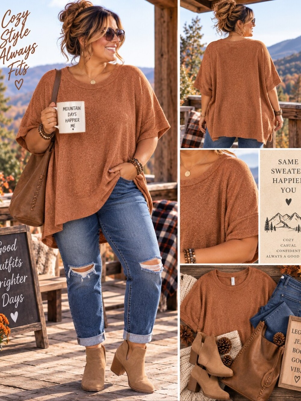 Dear Scarlett 2X 3X Rust Oversized Short Sleeve Sweater Tunic Plus Size